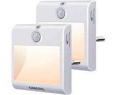 Luz Nocturna con Sensor de Movimiento, OMERIL 2 Pack Luz Nocturna Infantil Enchufe con 3 Modos (AUTO/ON/OFF), Brillo Ajustable, Luz de Noche para Dormitorio, Escalera, Pasillo, Cocina, Sala, Baño