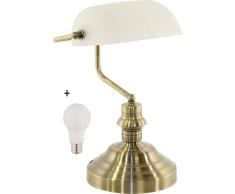 Lámpara de escritorio de latón con LED, pantalla de cristal, color blanco retro (lámpara de escritorio, lámpara de noche, altura 36 cm, lámpara de banco, 9 W)