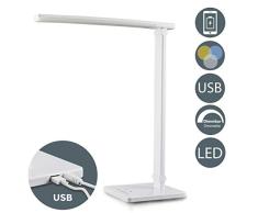 LED Lámpara Escritorio blanca de Mesa 5W con USB, 7 Niveles de Brillo, 5 Temperaturas de Color, Control Táctil, Flexos plástico para Estudio Lectura Leer