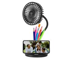 TREKOO Ventilador de Escritorio Combo Tai HE 2600mAh Batería Recargable USB Ventilador Personal Brillo Flexible Cuello de Ganso Pequeña lámpara LED Ventilador de Mesa (Negro)