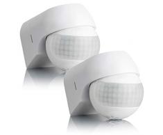 SEBSON® 2X Detector de Movimiento Exterior IP44, Montaje Superficie en Pared, programable, Sensor de Infrarrojos, Alcance 12m / 180°, LED Adecuado, orientable