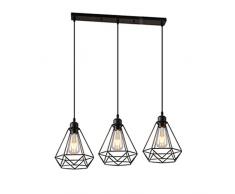 Vintage Araña en Forma de Diamante Lámpara de Techo Colgante Retro Industrial E27 3 Luces Iluminación Cocina Comedor Sala de estar Restaurante, Negro