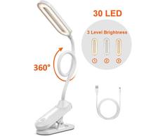 Bovon Luz de Lectura, 30 Leds Clip Luz de Libro con 3 Brillos (Fresco & Cálido) e Interruptor Táctil, USB Recargable Lámpara de Escritorio Cuidado de Los Ojos para Niños Adultos Leyendo en La Cama