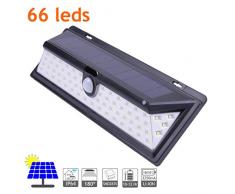JANDEI - Aplique Solar LED Exterior IP64, 65 LEDS 800 Lúmenes. Ángulo Detección 120º Batería Li-ion 2500mA, Sensor De Movimiento, 3 Modos De Iluminación. Duración hasta 12 Horas En Carga Total.