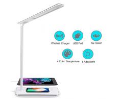Lámpara Escritorio LED Táctil - Qi Rápida Cargador Inalámbrico para todos los Teléfonos Qi y Puerto USB, Lámparas de Mesa Regulable Plegable, 5 Niveles De Brillo, 4 Colors (Blanco)