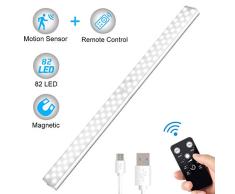 Sensor de luz de armario, lámpara de sensor de luz de armario LUNSY 82LED USB control remoto recargable + iluminación debajo del gabinete LED gabinete de control manual