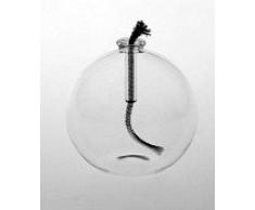 Lampara de aceite de cristal claro, lámpara de petroleo redonda para establecer de vidrio transparente y soplado con la boca, con un fondo plano, rellenable, diametro de 4 cm y altura circa 3,6 cm, diseñado y fabricado por la Oberstdorfer Glashütte