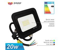 POPP® Foco Proyector LED 20W para uso Exterior Iluminación Decoración 6000K luz fria Impermeable IP65 Negro y Resistente al agua.PACK x2 (20)