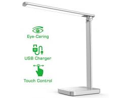 NAPATEK Lámpara Escritorio LED, Lámparas De Mesa Para El Cuidado De Los Ojos, Lámpara De Luz Diurna De Aleación De Aluminio Puerto De Carga USB, Brillo Multinivel, Control Táctil, Plateado
