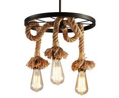 HJXDtech Luz Colgante Retro Industrial de 3 Luces Candelabro Cuerda de Lino de Lámpara Colgante Loft Bar Lámpara de Techo Iluminación Pastoral Antigua
