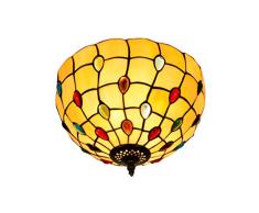 XMYX Luz de Techo Tiffany, Pantalla Redonda de Vidrio y Cuerpo de Lámpara de Metal de Color Bronce, Lámpara de Techo Tiffany, Elegante Plafón Vintage para Dormitorio, Sala de Estar, Pasillo