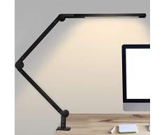 Lámpara Escritorio LED, 9W Lámpara de Mesa de Cuidado Ocular Brazo Oscilante Abrazadera Luz Regulable con 6 Modos de Color + Temporizador + Memoria para Lectura Trabajo Oficina