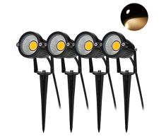 BLOOMWIN 4PCS Foco Proyector Exterior Foco COB LED con Estaca Lámpara Luz de Camino Blanco Cálido IP65 220V 5W Impermeable LED Bombilla Exteriores para Jardín Aire Libre Césped Patio Decoración