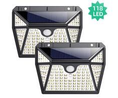 Luz Solar Exterior, Ekrist【Iluminación de 5 Lados】118 LED Luces Solares Foco Solar Exterior con Sensor de Movimiento, 270°Gran Angular Impermeable Lampara Solar Exterior Para Jardín 2-Paquete