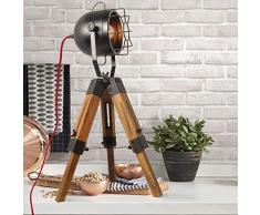 BarcelonaLED Lampara de Pie de Mesa Diseño Vintage Industrial con Trípode Madera y Foco Proyector Orientable Negro E27 Edison para Bar Dormitorio Cabecera Salon Nordica Mesita de Noche Estudio