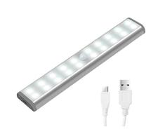[nuevo] Sensor de movimiento luz para armario – JEBSENS T05 – 1 unidades USB Batería 10 LED funciona con pilas luces para gabinetes, escalera, pasillo, Armario con on/off/AUTO modo (blanco frío)
