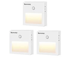 Bomcosy Luz Nocturna LED con Sensor Movimiento sin Cable Encendido/Apagado/Auto Lámpara de Noche USB Recargable Blanco Cálido 3000k para Dormitorio Habitación Garaje Baño Cocina Pasillo 3 Piezas