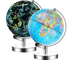 Exerz 23cm Globo terráqueo Iluminado- Soporte de Metal - Mapa de Ingles - Lámpara LED 2 en 1 iluminada sin Cable - Mapa político/ Estrella de constelación - Día y Noche (23cm)
