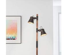 Lámpara de pie rústica, 2 focos, 2 bombillas E27 máx. 10 W, metal y madera, color negro acero y madera.