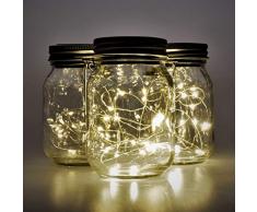 Gadgy ® Lámpara Solar Mason Jar Tarro Cristal Set Luces de Hadas | 3 Pzs | 20 LED’s Luz Blanca Cálida | Jarra Jardín Exterior Interior Colgar Farol
