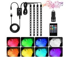 Haofy Luz Interior Coche, 4 Piezas 48 LED Lámpara de Neón Luz de Tira Multicolor Coche de Música, con Función Activa de Sonido y Control Remoto y Puertos USB y Cargador de Automóvil