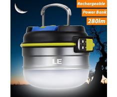 Lighting EVER 3300010-NW LE Linterna LED Camping USB Recargable, Luz Blanca Neutra 280lm, Función Powerbank 3000mAh, Resistente al Agua, con Gancho e Imanes, Mens, 70mm (Diámetro ) 63mm(Altura)