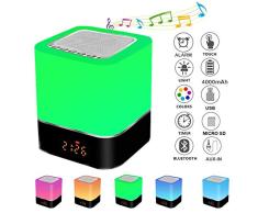 Altavoz Bluetooth Luz de Nocturna, lámpara de cabecera portátil sensible al tacto de 7 colores regulable, lámpara de altavoz Bluetooth con despertador,reproductor de MP3/radio FM/Despert de Música