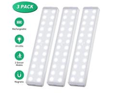 Luz Nocturna, 24 LEDs Led Armario con Sensor de Movimiento Recargable 4 Modos con Cinta Adhesiva Magnética para Armario, Pasillo, Estantería, Escalera(3 paquetes)