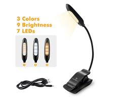 LENCENT Luz de Lectura 7 LED recargable, 9 Modos de Brillo (LED cálido y blanco) Lámpara de Libro clip para camas, pinza de LED en la lámpara Batería para leer libros, revistas, estudio y viajar etc.