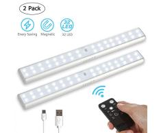 LUNSY - Iluminación LED regulable para armarios (2 unidades), 32 LED 6000 K, mando a distancia y lámpara de armario recargable por USB para cocina, armario, garaje, etc.