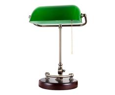 JILAN HOME- Lámpara de mesa de lectura de escritorio tradicional de banquero antiguo con pantalla de vidrio verde y madera sólida E27