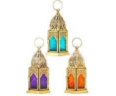 Conjunto de 3 Linterna Oriental de Metal y Cristal Angham (2) 15cm Naranja Azul Rosa | Luces de Viento marroquí | Faro de Cristal para Interior | Lámpara para Exterior | Linterna de jardín
