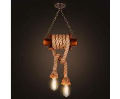 Práctica Simplicidad Familiar Lámpara de Cuerda de Cáñamo de Madera Ajustable Casa de Campo Colgante de Madera Iluminación Colgante Industrial Luminaria de Techo Vintage 2 Luz para Mesa de Billar Coc