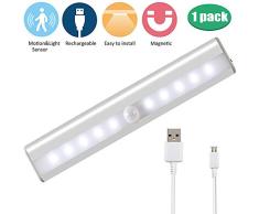 Lámpara LED de Armario, 10 LED USB Recargable Barra de Luz Làmpara con Sensor de Movimiento Inalámbrico para Armario, Gabinete, Pasillo, Baño, Cajón