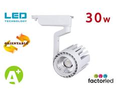 FactorLED Foco LED 30W NORA WHITE para Carril Monofásico 35º Sistema Orientable 3000Lm Varias Temperaturas de Color 3000k, 4000k y 6000k, Focos Led Techo, Iluminación Comercial, (Blanco Neutro)