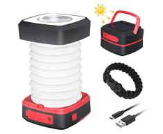 Farol Camping Recargable, GlobaLink Luz Camping Solar Linterna Camping Lampara Camping LED 140LM Carga Solar/USB Luz Baja/Alta/Parpadeo Ligero Plegable Portátil para Acampada, con USB Cable y Pulsera