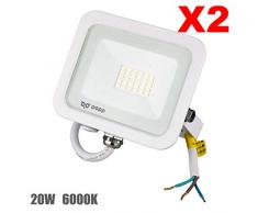 POPP® Foco Proyector LED 20W para uso Exterior Iluminación Decoración 6000K luz fria Impermeable IP65 Blanco transparente y Resistente al agua.PACK x2 (20)