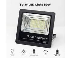 Foco Solar LED 80W, Luces Solares Jardín Luz Blanco-Neutro 4000K, Lámpara Solar Hasta 15 HORAS de Luz, Iluminación Solar 3000 LM, Aplique Solar 120 LEDS