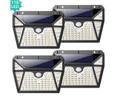 Luz Solar Exterior 118LED, Kilponen Foco Solar Exterior con Sensor de Movimiento Lámpara Solar Impermeable Gran Ángulo 270º de Iluminación Luces Solares Jardín 2200mAh y 3 Modos Inteligentes 4-Paquete