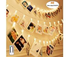 Qedertek Cadena de Luces 6.3M 40 LED, Foto Peg Clip Cuerda, Luces con Foto Clip Decoración de La Boda, Guirnalda de Luces para Decoración de Fotos (Blanco Calido)