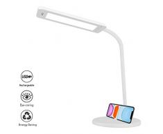 Lámpara de Escritorio LED, QueenDer Flexo de Mesa USB Recargable-2500mAh Plegable Luz Control Táctil 5 * 5 Modos de Brillo Regulable Para Leer, Estudiar-Blanco