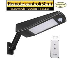 48 LED 4500mAh Luz Solar 900lm IP65 Impermeable Luces de Seguridad al Aire Libre con Soporte Ajustable y Control Remoto, Sensor de Movimiento120° Focos Solares Exterior Para Jardín Luz Blanca Cálida