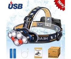 Aukelly Linternas Frontals LED Recargable Alta Potencia USB Linterna Frontale Frontal Luz Cabeza,Lámpara de Cabeza 8 Modos,Frontale 1000 Lumen,para Camping,con 18650 Baterías