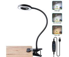 Bonlux 5W USB Lámpara LED con pinza, Clip LED Luz Lampara de Mesa Lectura Escritorio, Protección para Ojos, 10 Nivel de Brillo Ajustable, 3 Colores de Iluminación, Portátil Flexible Regulable (Negro)