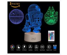 3D LED Star Wars Luz de noche, Lámpara de ilusión Death Star + R2-D2 + Millennium Falcon, Tres patrones y 16 colores Lámpara de decoración Cambio - Regalo perfectos para niño - 3 paquete