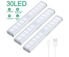 Luz Armario Sensor Movimiento Luces Gabinete 30 LED Luz Nocturna Recargable Bawoo 3 Luz de Noche 3 Brillo Luz de Armario Adhesivo Magnético Lámpara Cocina LED Wireless Lámpara Cocina Escalera Pasillo
