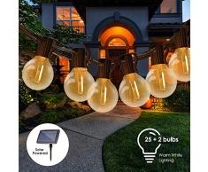 Guirnalda Luces Exterior Solar,Tomshine 7.62m G40 Cadena de Luces con 25+2 Bombillas,IP45 Impermeable,Solar y Micro-USB Carga,Guirnaldas Luminosas para Exterior,Interior,Jardines Fiesta de Navidad