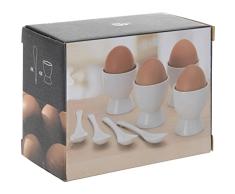 quantio 8 unidadesJuego de hueveras para 4 Huevos y 4 cucharas para romperlos; Juego de Porcelana, Blanco