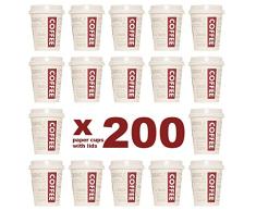 200 Vasos Desechables con Tapa + Agitadores de Madera. Vasos de Cartón 200ml / 8oz para el Café, el Té, Bebidas Calientes y Frías. Café para Llevar. 100% reciclable. Tazas Cafe. Coffee to go.