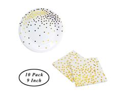 SUNSHINETEK Juego de vajilla para Fiestas Juego de Platos y servilletas de Papel Platos Desechables con Puntos de Papel de Oro 20 Piezas Suministros para Fiestas temáticas (Blanco, 9 Pulgadas)